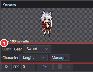 미리보기 패널 아래 착장 줄: Gear 스킨 상자 Sword, Character 스킨 상자 knight, 관리… 단추